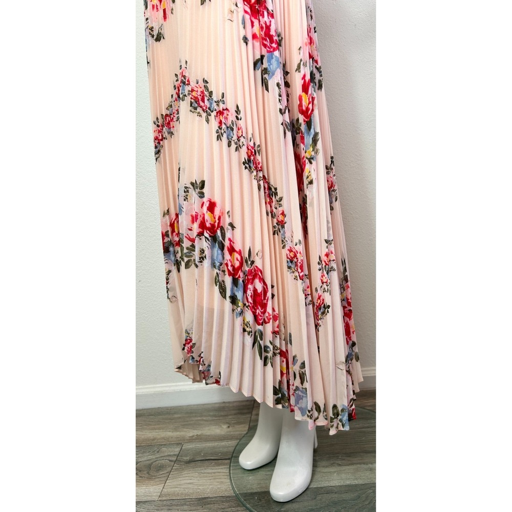 WHBM Maxi Plisse Dress Size 4 Pink Floral Chiffon V-Neck Sleeveless Zip EUC - Picture 12 of 15
